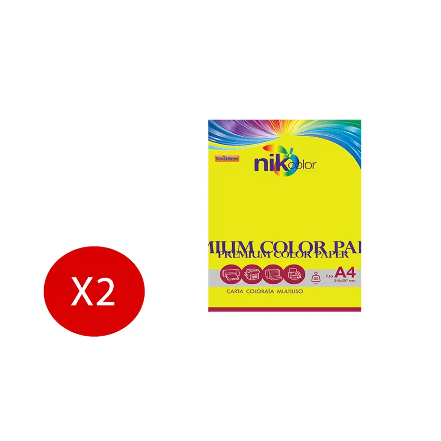 NikOffice Risma Carta Premium 100 fogli colori fluo A4 210x297mm 80g/mq  Giallo 2 Risme