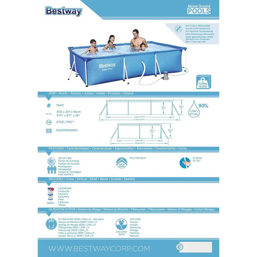 Bestway 56411 Piscina Rettangolare Steel Pro 300 x 201 x 66 cm con Pompa Filtro Bestway - 4